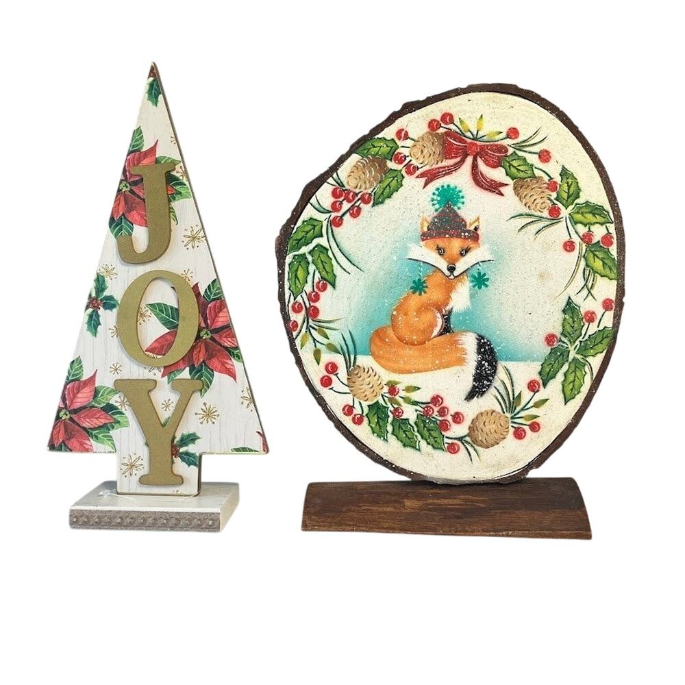 Pier 1 Wooden Christmas Decor Vintage Table Top Christmas Tree & Fox Rustic Set